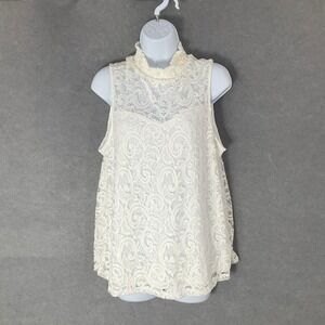 Perception Concept Lace Top‎ Womens Sz XL Ruffle Mock Neck Sleeveless Ivory Boho